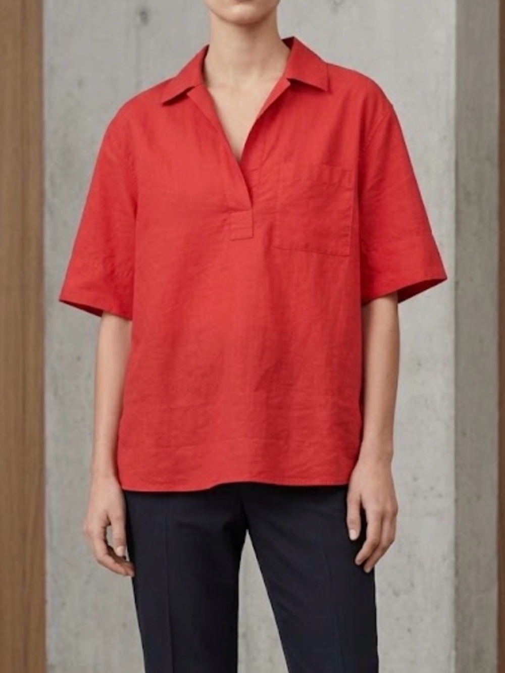 COS Red Short Sleeve V-Neck Cotton Linen Blend Tunic Top